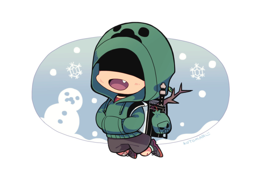 1boy backpack bag bandaid bandaid_on_knee bandaid_on_leg chibi chibi_only drawstring fang flute full_body grey_footwear grey_shorts hands_in_pockets hood hood_up hooded_sweater instrument kotorai male_focus marumaru_no_shuyaku_wa_wareware_da! open_mouth recorder red_shirt shaded_face shirt shorts signature snowflakes snowman stick sweater zom