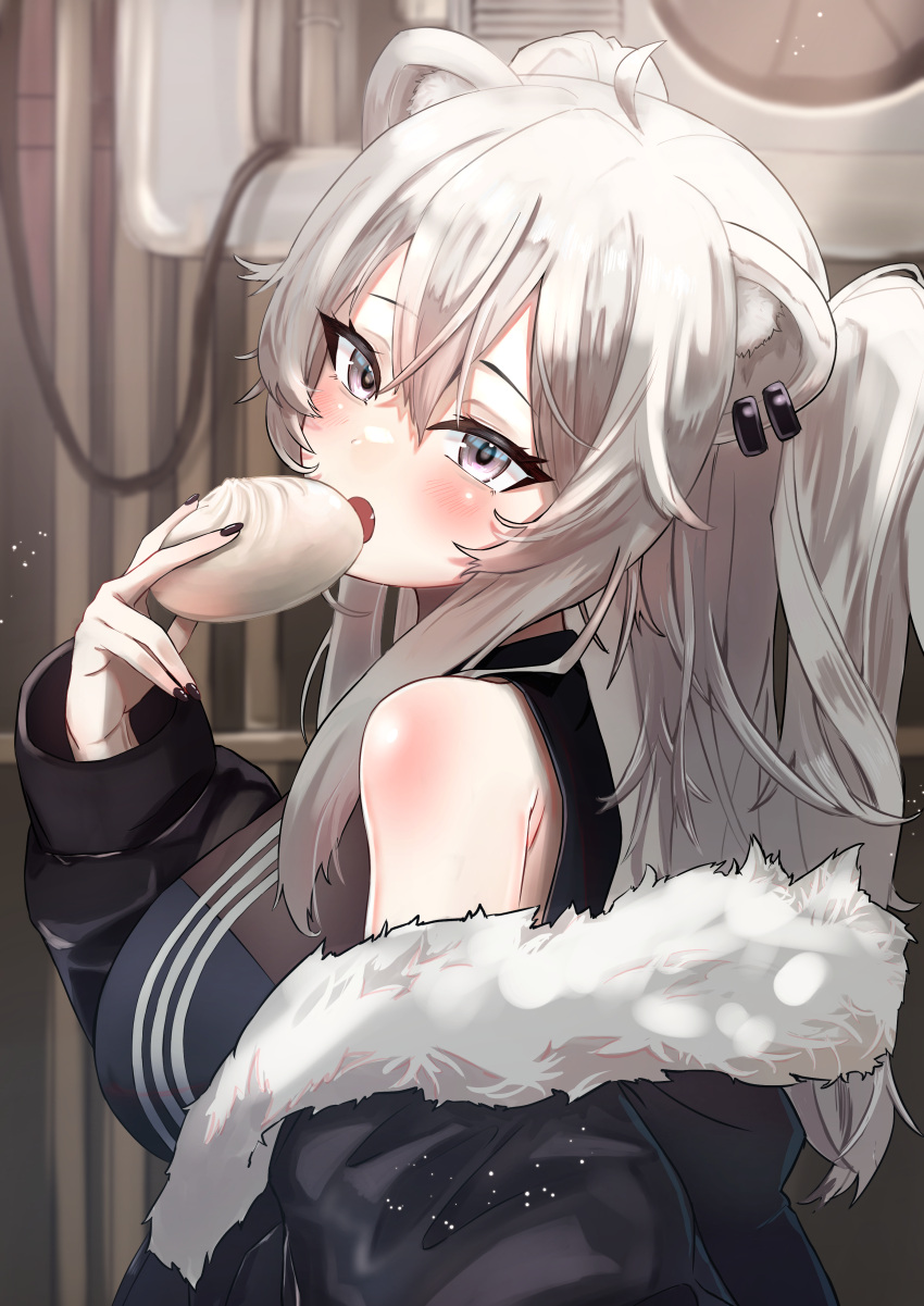 1girl absurdres ahoge animal_ears baozi black_nails blurry blurry_background blush commentary_request ear_piercing fang food from_side fur-trimmed_jacket fur_trim futoshi_tanaka grey_eyes grey_hair hair_between_eyes highres holding holding_food hololive imminent_bite jacket lion_ears lion_girl long_hair looking_at_viewer off_shoulder open_mouth piercing shiny_skin shishiro_botan shishiro_botan_(1st_costume) solo two_side_up upper_body virtual_youtuber