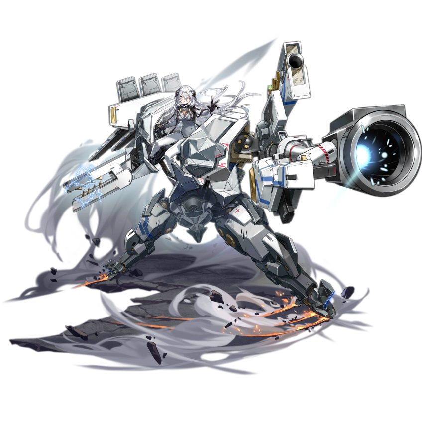 1girl aiming aiming_at_viewer arm_cannon armor armored_boots black_footwear black_gloves bodysuit boots breasts collaboration covered_navel debris expressionless externally_piloted_mecha eyeliner full_body girls'_frontline gloves gradient_bodysuit grey_bodysuit hair_between_eyes headgear highres impossible_bodysuit impossible_clothes long_hair looking_at_viewer makeup mecha mechanical_arms mechanical_legs medium_breasts miss_eve_(girls'_frontline) negasw official_art outstretched_hand paradeus parted_lips railgun red_eyeliner robot science_fiction shoulder_cannon simple_background sitting skin_tight smoke solo sparks tareus_(girls'_frontline) third-party_source transparent_background very_long_hair weapon white_armor white_bodysuit white_hair yellow_eyes yitiao_er-hua