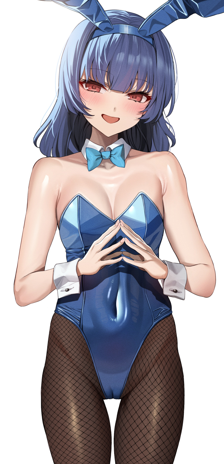 1girl absurdres alternate_costume alternate_hairstyle animal_ears bare_shoulders blue_hair blue_leotard blush breasts cameltoe commentary covered_navel cowboy_shot dark_blue_hair detached_collar fake_animal_ears fishnet_pantyhose fishnets highleg highleg_leotard highres idolmaster idolmaster_shiny_colors leotard looking_at_viewer morino_rinze pantyhose playboy_bunny rabbit_ears rabbit_tail ramanda red_eyes short_hair simple_background small_breasts solo strapless strapless_leotard tail white_background