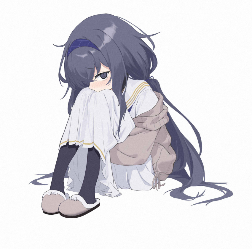 1girl black_eyes black_hair black_pantyhose blue_archive blue_hairband brown_jacket full_body hair_over_one_eye hairband head_on_knees highres hugging_own_legs invisible_chair jacket knees_up long_hair long_skirt long_sleeves looking_at_viewer off-shoulder_jacket off_shoulder pantyhose pleated_skirt ringed_eyes sailor_collar shirt shou_xun_bu_liang simple_background single_sidelock sitting skirt slippers solo ui_(blue_archive) white_background white_sailor_collar white_shirt white_skirt