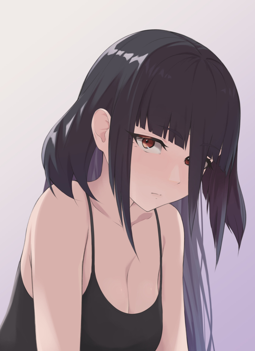 1girl absurdres alternate_costume black_camisole black_hair breasts camisole cleavage closed_mouth expressionless fukayama_(0ppaityuki) gradient_background hair_between_eyes highres large_breasts long_hair looking_at_viewer purple_background red_eyes sidelocks solo white_background yamada_tae zombie_land_saga