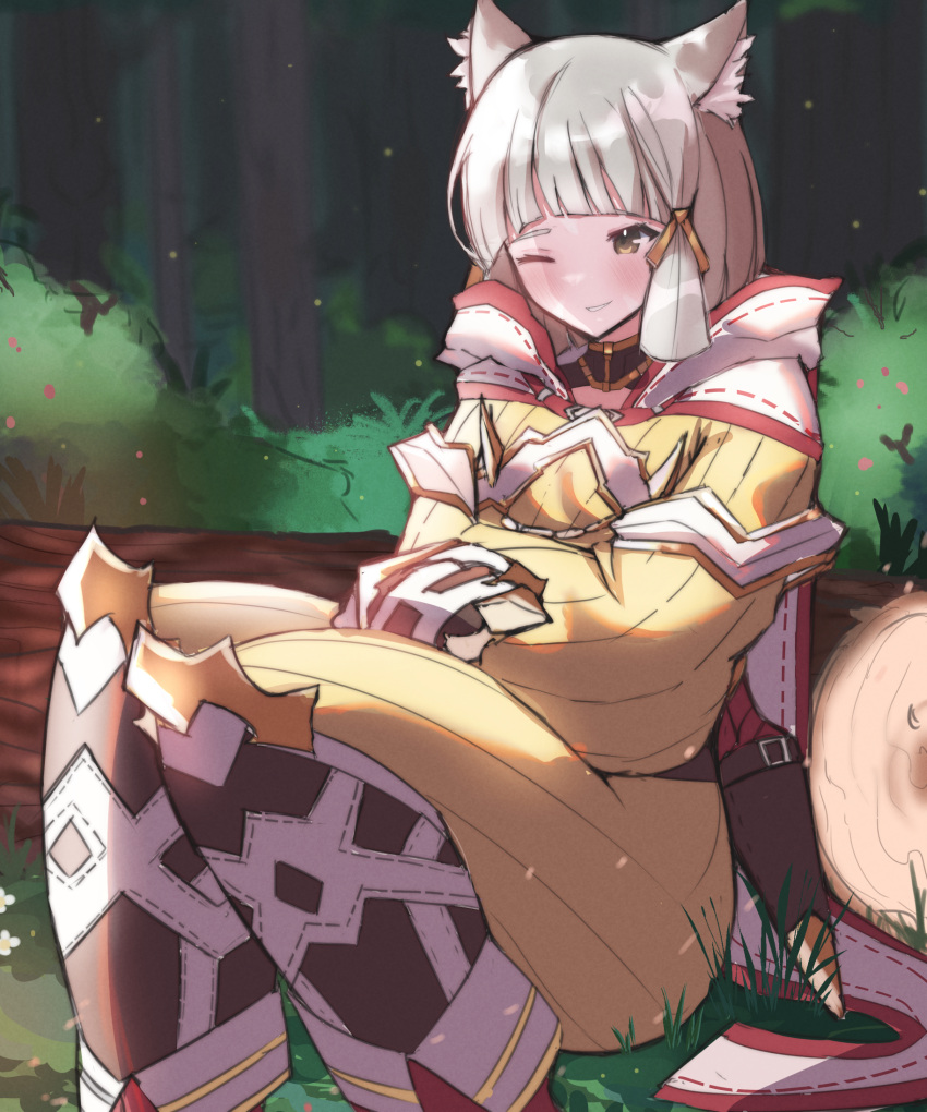 1girl animal_ear_fluff animal_ears blush brown_eyes commentary day feet_out_of_frame forest grey_hair highres jumpsuit juneplums knees_up log long_sleeves nature nia_(xenoblade) on_grass one_eye_closed outdoors puffy_long_sleeves puffy_sleeves sheath sitting solo tree xenoblade_chronicles_(series) xenoblade_chronicles_2 yellow_jumpsuit