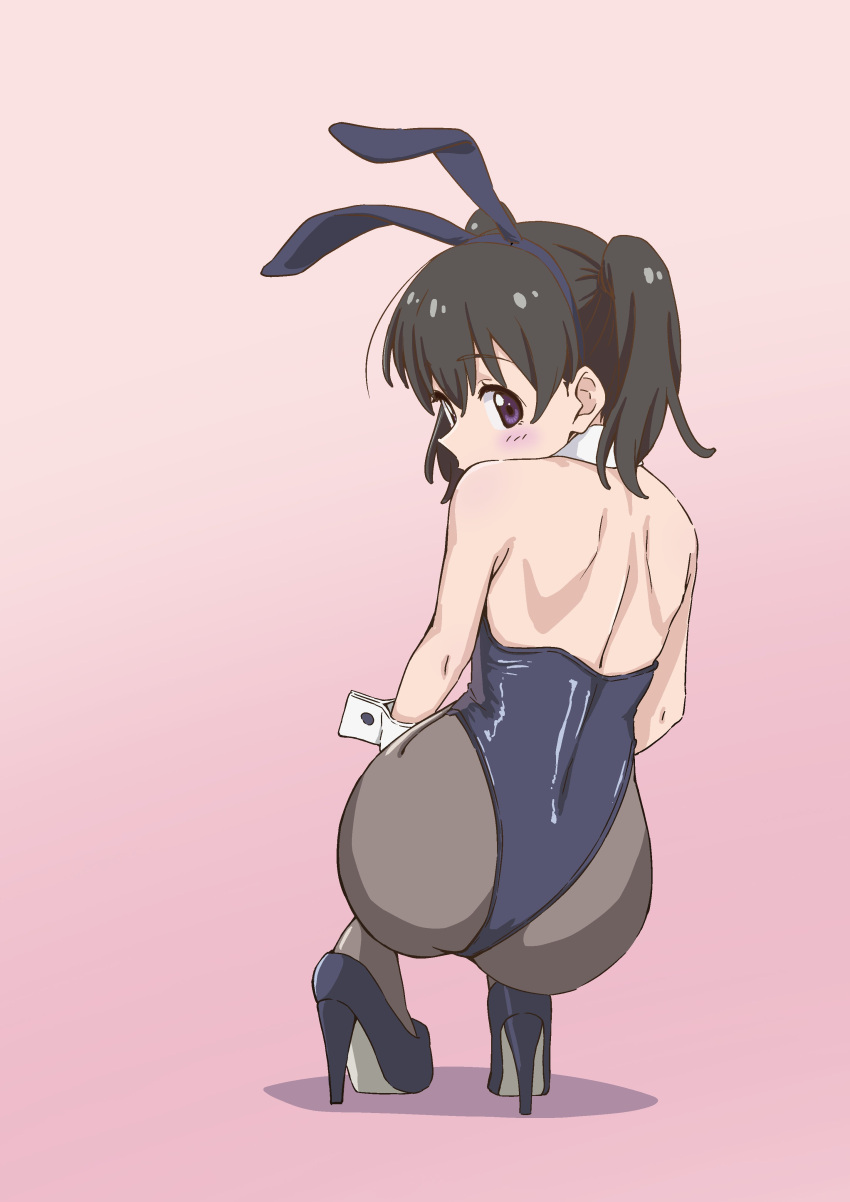 1girl absurdres animal_ears ass back black_hair blue_leotard blush fake_animal_ears from_behind full_body high_heels highres kuraue_hinata leotard looking_at_viewer natsuki_hiroshi pantyhose pink_background playboy_bunny purple_eyes rabbit_ears short_hair solo strapless strapless_leotard wrist_cuffs yama_no_susume