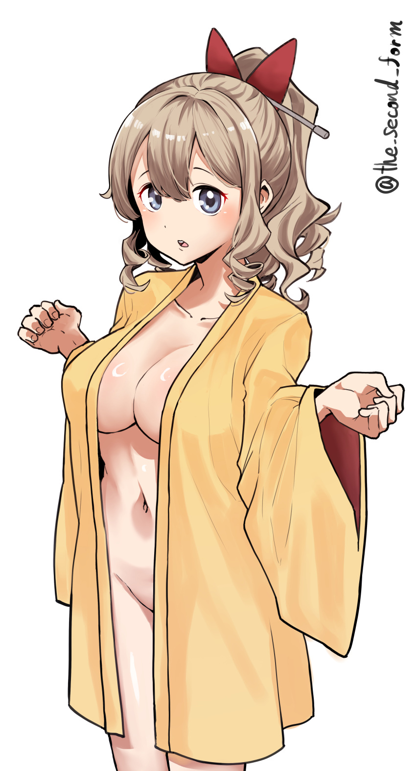 1girl absurdres blue_eyes breasts cowboy_shot drill_hair hair_between_eyes hair_ribbon haori hatakaze_(kancolle) highres japanese_clothes kantai_collection large_breasts light_brown_hair long_hair navel no_bra no_panties open_mouth ponytail red_ribbon ribbon solo standing the_second_form yellow_haori