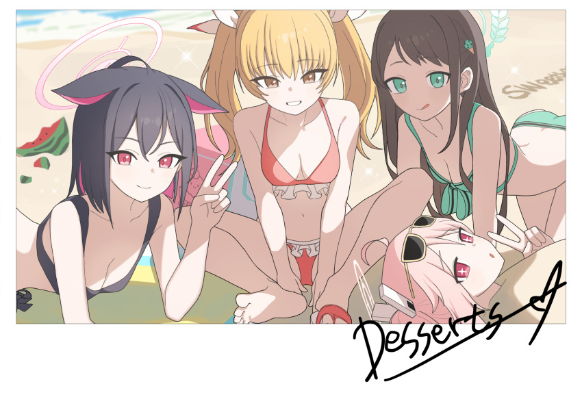 +_+ 4girls after-school_sweets_club_(blue_archive) airi_(blue_archive) all_fours alternate_costume animal_ears bare_arms bare_legs barefoot baseball_bat beach bikini black_bikini black_hair blonde_hair blue_archive breasts brown_hair buried cat_ears cleavage closed_mouth collarbone colored_inner_hair crab diamond-shaped_pupils diamond_(shape) english_text feet feet_out_of_frame flip-flops food food-themed_hair_ornament frilled_bikini frills fruit green_bikini grin hair_ornament halo highres ice_cream_hair_ornament kazusa_(blue_archive) legs licking_lips looking_at_viewer medium_breasts medium_hair momocadraw multicolored_hair multiple_girls natsu_(blue_archive) navel outdoors pink_eyes pink_hair pink_pupils red_bikini red_eyes sandals short_hair single_barefoot smile soles stomach streaked_hair suikawari sunlight swimsuit symbol-shaped_pupils toenails toes tongue tongue_out v watermelon yoshimi_(blue_archive)