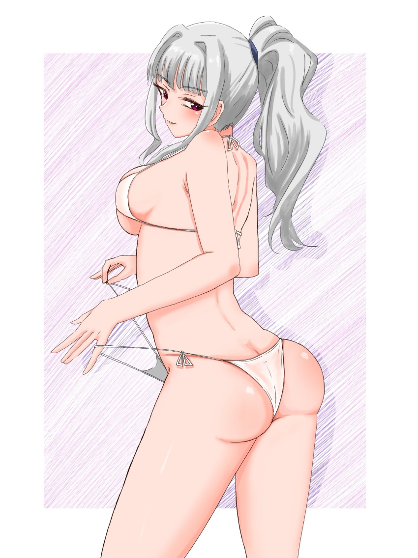 1girl ass bikini bikini_tug blush breasts grey_hair highres idolmaster idolmaster_(classic) idolmaster_million_live! large_breasts light_smile looking_at_viewer looking_to_the_side median_furrow ponytail sakurada_p shijou_takane side-tie_bikini_bottom skindentation solo string_bikini swimsuit white_bikini