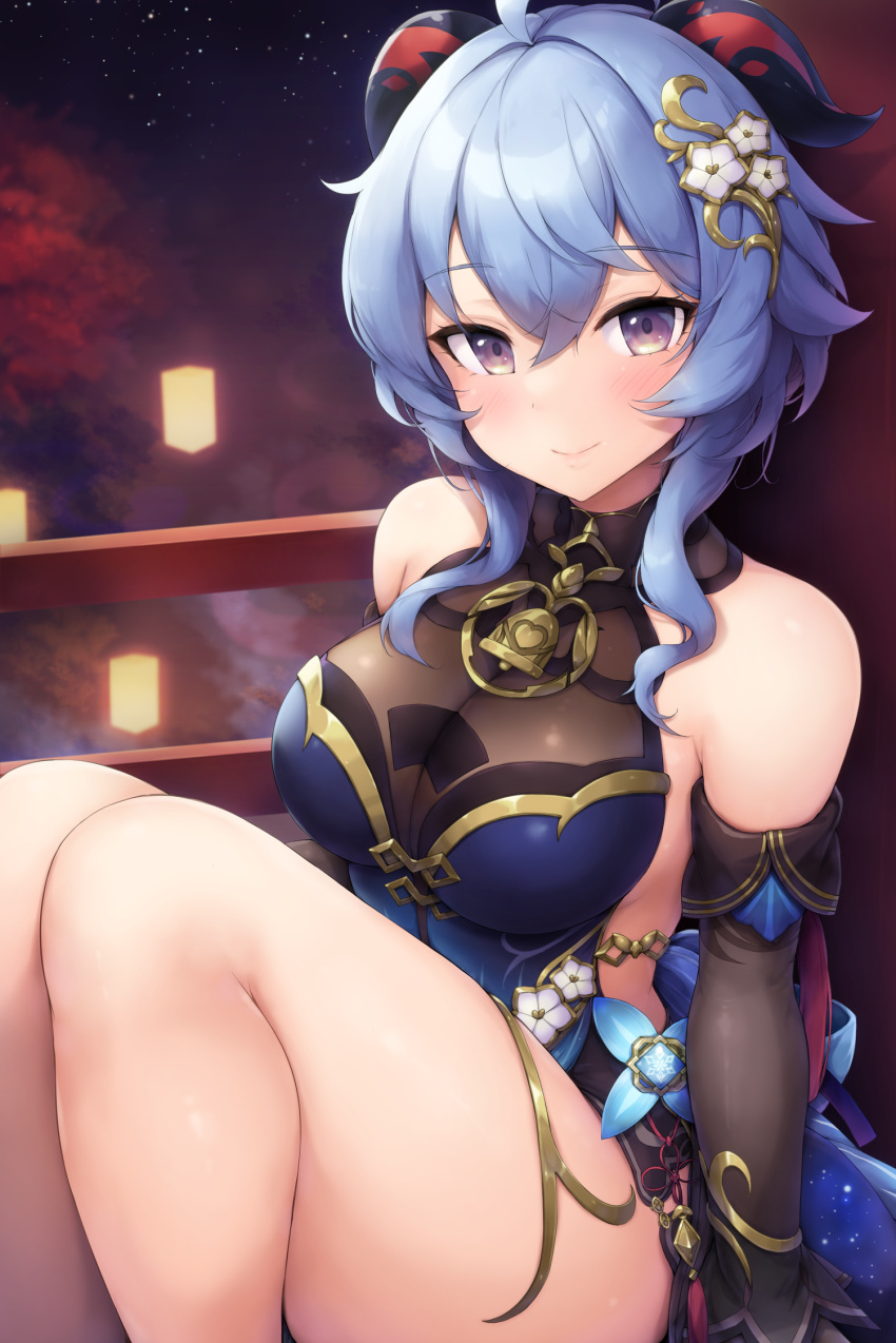 1girl bare_shoulders blue_dress blue_hair blush breasts cleavage closed_mouth commentary_request crossed_bangs detached_sleeves dress ganyu_(genshin_impact) ganyu_(twilight_blossom)_(genshin_impact) genshin_impact goat_horns hair_ornament highres horns large_breasts long_hair long_sleeves looking_at_viewer official_alternate_costume purple_eyes see-through see-through_cleavage sideless_outfit sitting smile solo thick_thighs thighs yuki_usagi_(snowcanvas)