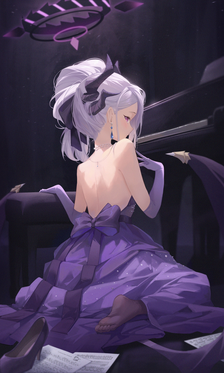 1girl absurdres black_horns black_pantyhose blue_archive blush closed_mouth dangle_earrings demon_horns demon_wings doodle_sensei_(blue_archive) dress earrings elbow_gloves gloves grey_hair halo high_heels highres hina_(blue_archive) hina_(dress)_(blue_archive) horns instrument jewelry long_hair midori_xu multiple_horns necklace official_alternate_costume pantyhose piano purple_dress purple_eyes purple_footwear purple_gloves purple_wings sensei_(blue_archive) sheet_music solo strapless strapless_dress toes wings