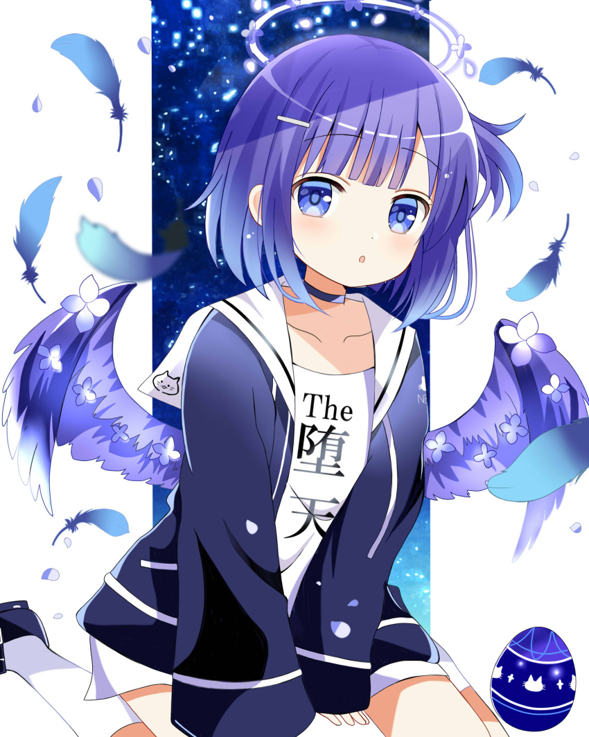 1girl absurdres alternate_costume between_legs black_footwear blue_hair blunt_bangs breasts choker collarbone collared_jacket demon_girl eyebrows_hidden_by_hair feathered_wings feathers gochuumon_wa_usagi_desu_ka? hair_ornament hairclip halo hand_between_legs highres jacket jouga_maya kneehighs long_sleeves looking_at_viewer open_clothes open_jacket open_mouth parted_lips purple_eyes purple_wings ryoutan sailor_collar shirt sidelocks simple_background sitting sleeves_past_wrists small_breasts socks solo wariza white_shirt white_socks wide_sleeves wings