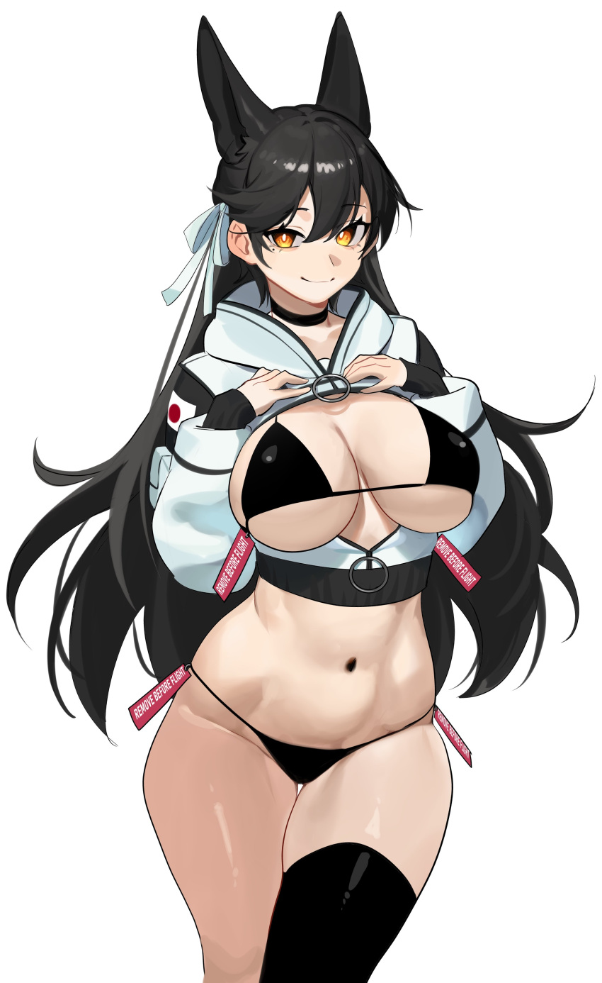 1girl absurdres animal_ears ass_visible_through_thighs atago_(azur_lane) atago_(space_atago)_(greyeth)_(azur_lane) azur_lane bikini black_bikini black_choker black_hair black_thighhighs breasts choker closed_mouth commission cowboy_shot dog_ears extra_ears hair_between_eyes hair_ribbon hands_on_own_chest highres japanese_flag large_breasts long_hair long_sleeves looking_at_viewer mole mole_under_eye navel nia_(nia4294) o-ring o-ring_top orange_eyes remove_before_flight_tag ribbon second-party_source shrug_(clothing) simple_background single_thighhigh smile solo standing swimsuit thighhighs white_background white_ribbon