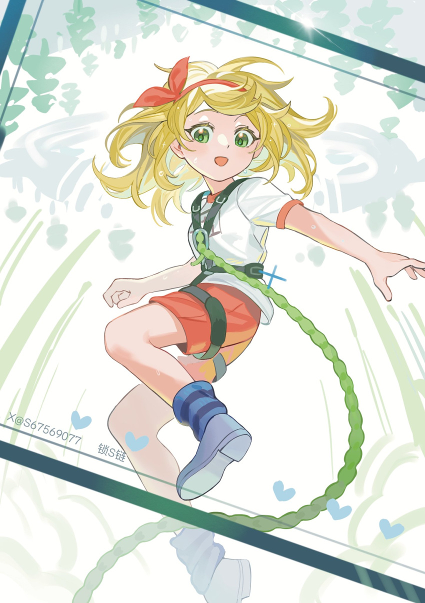1girl blonde_hair bungee_jumping chest_harness commentary flat_chest green_eyes gym_uniform hair_ribbon hairband harness heart highres idolmaster idolmaster_cinderella_girls idolmaster_cinderella_girls_u149 jumping looking_at_viewer medium_hair midair open_mouth red_hairband red_ribbon red_shorts ribbon s67569077 sakurai_momoka shirt short_sleeves shorts sidelocks smile solo symbol-only_commentary t-shirt white_background white_footwear white_shirt