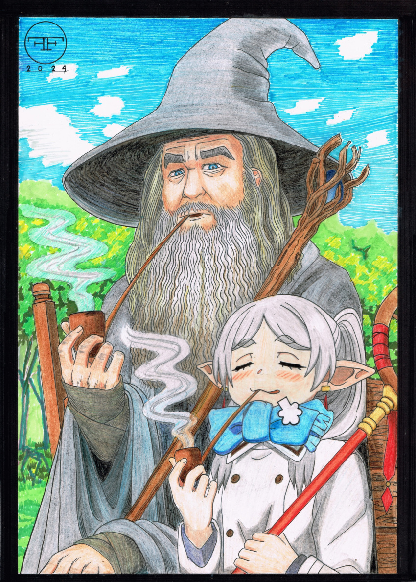 1boy 1girl absurdres artist_logo beard blue_eyes blue_scarf blush closed_eyes coat commentary drop_earrings earrings english_commentary facial_hair fanaticfrancis forest frieren gandalf grey_hair grey_robe hat highres holding holding_smoking_pipe holding_staff jewelry long_beard long_hair long_sleeves nature pointy_ears robe scarf sitting sleeves_past_wrists smoking smoking_pipe sousou_no_frieren staff the_lord_of_the_rings tolkien's_legendarium traditional_media wagon white_coat wizard_hat