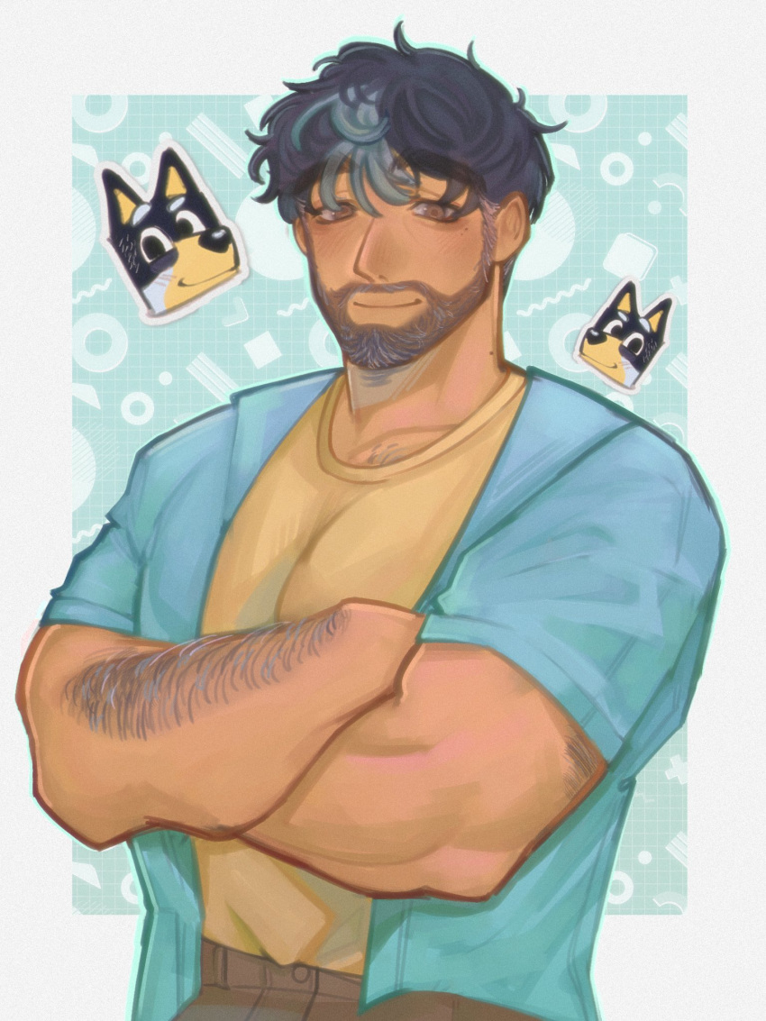 1boy bandit_(bluey) bara beard black_hair bluey chest_hair_peek crossed_arms facial_hair forearms full_beard gradient_beard highres humanization large_pectorals looking_at_viewer m3gamoo male_focus mature_male multicolored_hair muscular muscular_male open_clothes open_shirt pectoral_lift pectorals reference_inset shirt short_hair smile solo streaked_hair thick_arm_hair thick_eyebrows two-tone_background upper_body