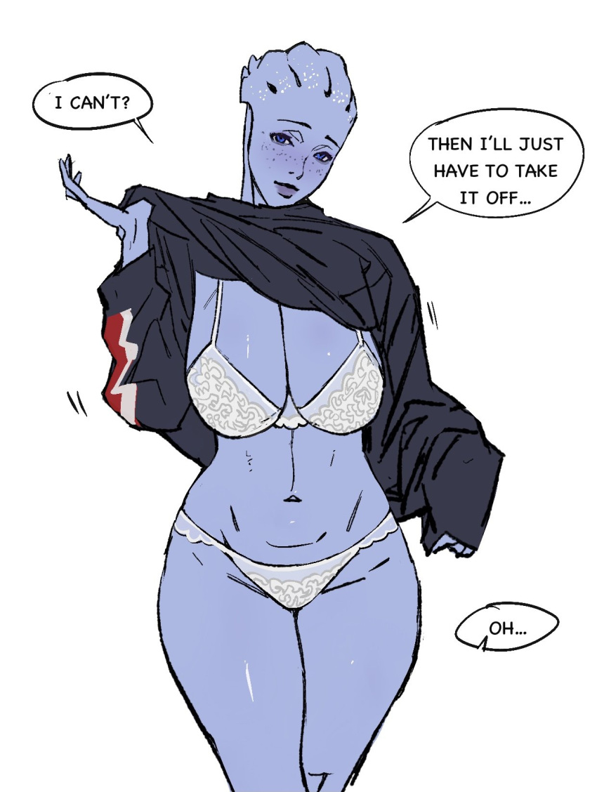 1girl alien asari_(mass_effect) black_sweater blue_eyes blue_hair blue_skin borrowed_clothes bra breasts cbb_(tuucoo) cleavage clothes_lift colored_skin commentary_request english_text female_pov flirting freckles head_tilt highres huge_breasts lace lace-trimmed_panties lace_panties lace_trim liara_t'soni lifted_by_self lingerie looking_at_viewer loose_clothes mass_effect_(series) n7_hoodie oversized_clothes panties pov purple_lips short_hair sleeves_past_wrists solo spaghetti_strap speech_bubble standing sweater sweater_lift tentacle_hair underwear white_bra white_panties