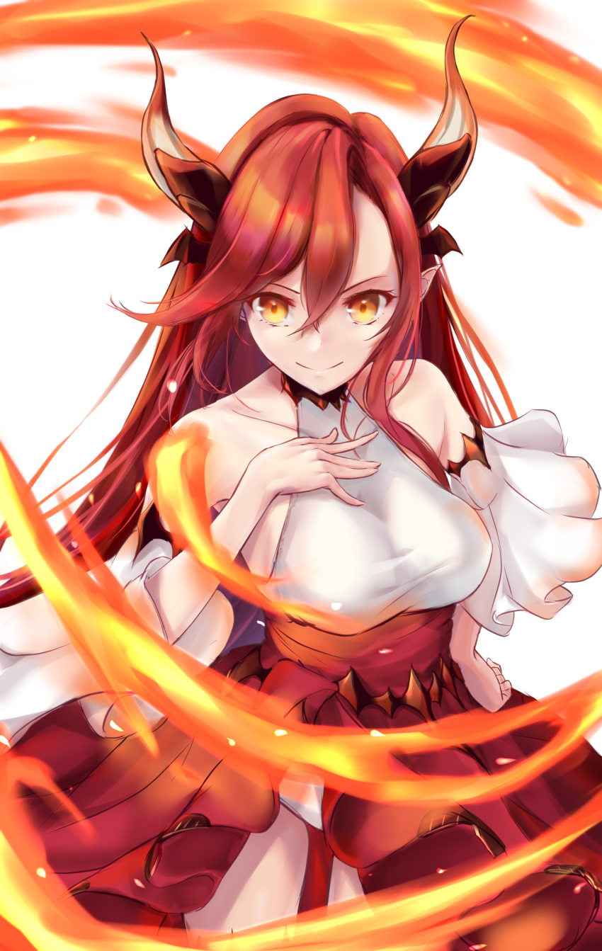 1girl absurdres breasts closed_mouth detached_sleeves dragon_horns dress eyebrows_hidden_by_hair fire hair_between_eyes hand_on_own_chest highres horns large_breasts leotard long_hair orange_eyes red_dress red_hair smile soanote solo tania_(beast_tamer) upper_body very_long_hair white_leotard yuusha_party_wo_tsuihou_sareta_beast_tamer_saikyoushu_no_nekomimi_shoujo_to_deau