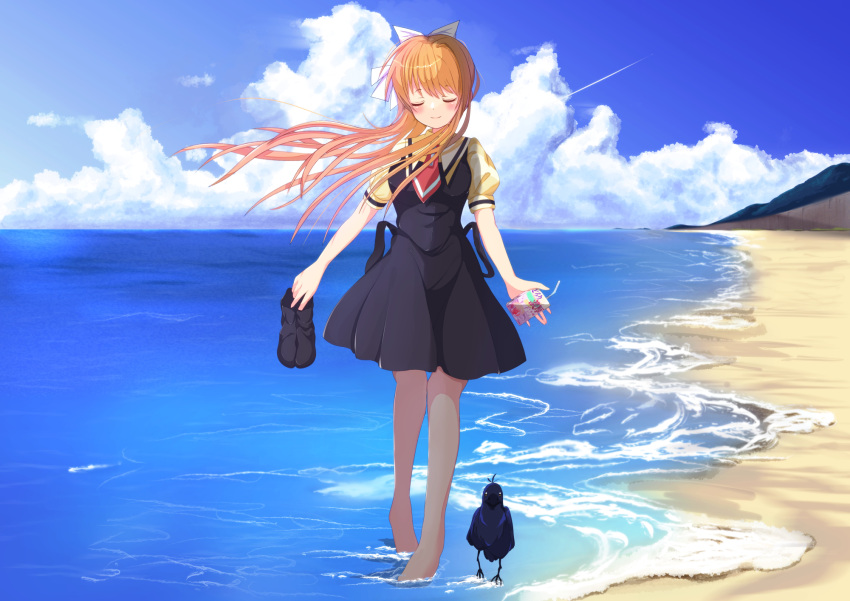 1girl air_(visual_novel) aosakana_com arms_at_sides barefoot beach bird black_dress blonde_hair blue_sky blush bow closed_eyes closed_mouth cloud commentary_request day dress facing_viewer floating_hair full_body hair_between_eyes hair_bow highres holding_carton kamio_misuzu long_hair necktie ocean outdoors puffy_short_sleeves puffy_sleeves red_necktie school_uniform shirt shoes short_dress short_necktie short_sleeves sidelocks sky smile soaking_feet solo sora_(air) standing unworn_shoes white_bow wind yellow_shirt