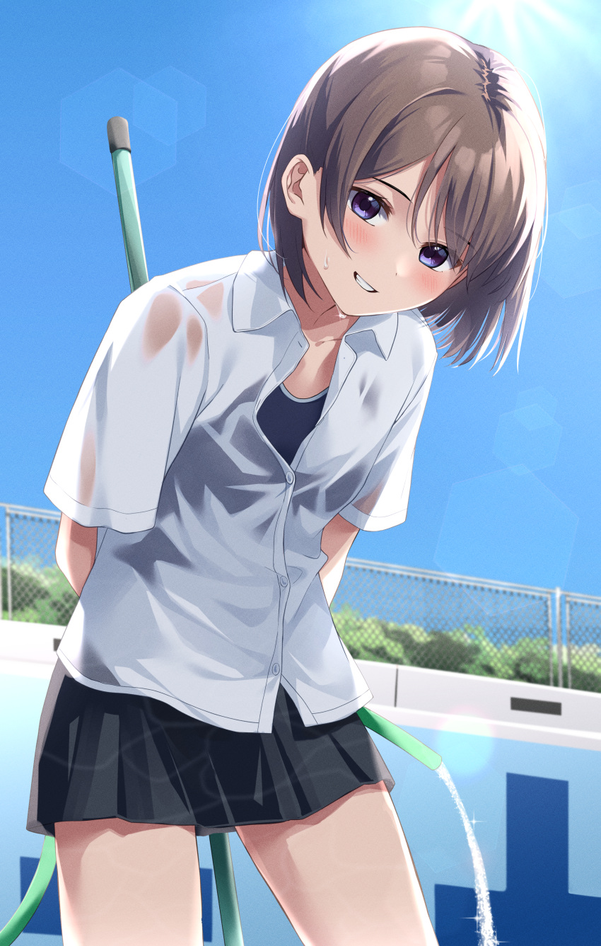 1girl absurdres arms_behind_back black_skirt blue_sky blush brown_hair chain-link_fence collared_shirt commentary_request day fence grin highres holding holding_hose hose kiona_(giraffe_kiona) original outdoors pool purple_eyes school_swimsuit school_uniform see-through see-through_shirt shirt short_hair short_sleeves skirt sky smile solo sweat swimsuit wet wet_clothes wet_shirt white_shirt