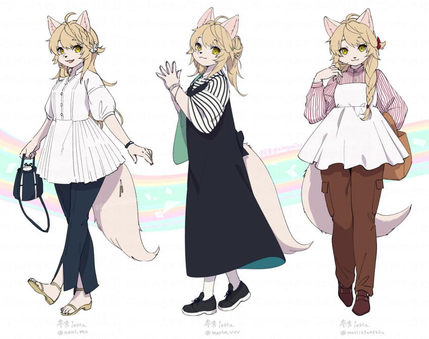 1girl :3 ahoge animal_ears bag black_dress blonde_hair bracelet braid brown_pants dog_ears dog_tail dress fashion full_body furry furry_female handbag highres jewelry ko-on_(ningen_zoo) long_dress long_sleeves looking_at_viewer open_mouth original own_hands_together pants pants_under_dress ponytail shirt shoes side_braid single_braid smile solo standing striped_clothes striped_shirt tail twitter_username white_dress yellow_eyes