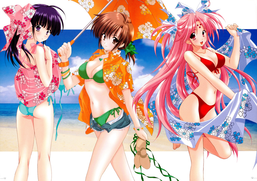 :d absurdres ass beach bikini blue_bikini blue_hair breasts brown_eyes brown_hair cleavage cutoffs denim denim_shorts dress girls_bravo green_bikini highres huge_filesize kojima_kirie koyomi_hare_nanaka mario_kaneda medium_breasts miharu_sena_kanaka multiple_girls navel open_clothes open_fly open_mouth open_shirt pink_eyes pink_hair purple_eyes red_bikini shirt short_shorts shorts side-tie_bikini smile swimsuit towel umbrella unzipped