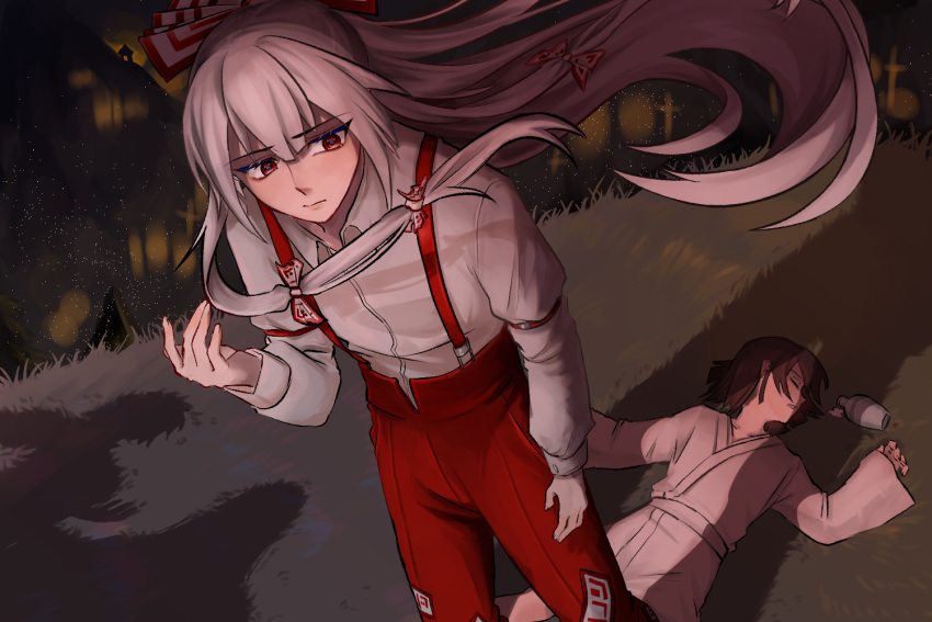 2girls black_hair bow closed_eyes closed_mouth collared_shirt commentary fujiwara_no_mokou fujiwara_no_mokou_(young) grey_hair hair_bow hourai_elixir light_frown long_hair long_sleeves multiple_girls ofuda ofuda_on_clothes pants red_eyes red_pants rlwezar shadow shirt sleeve_garter suspenders time_paradox touhou very_long_hair white_bow white_shirt