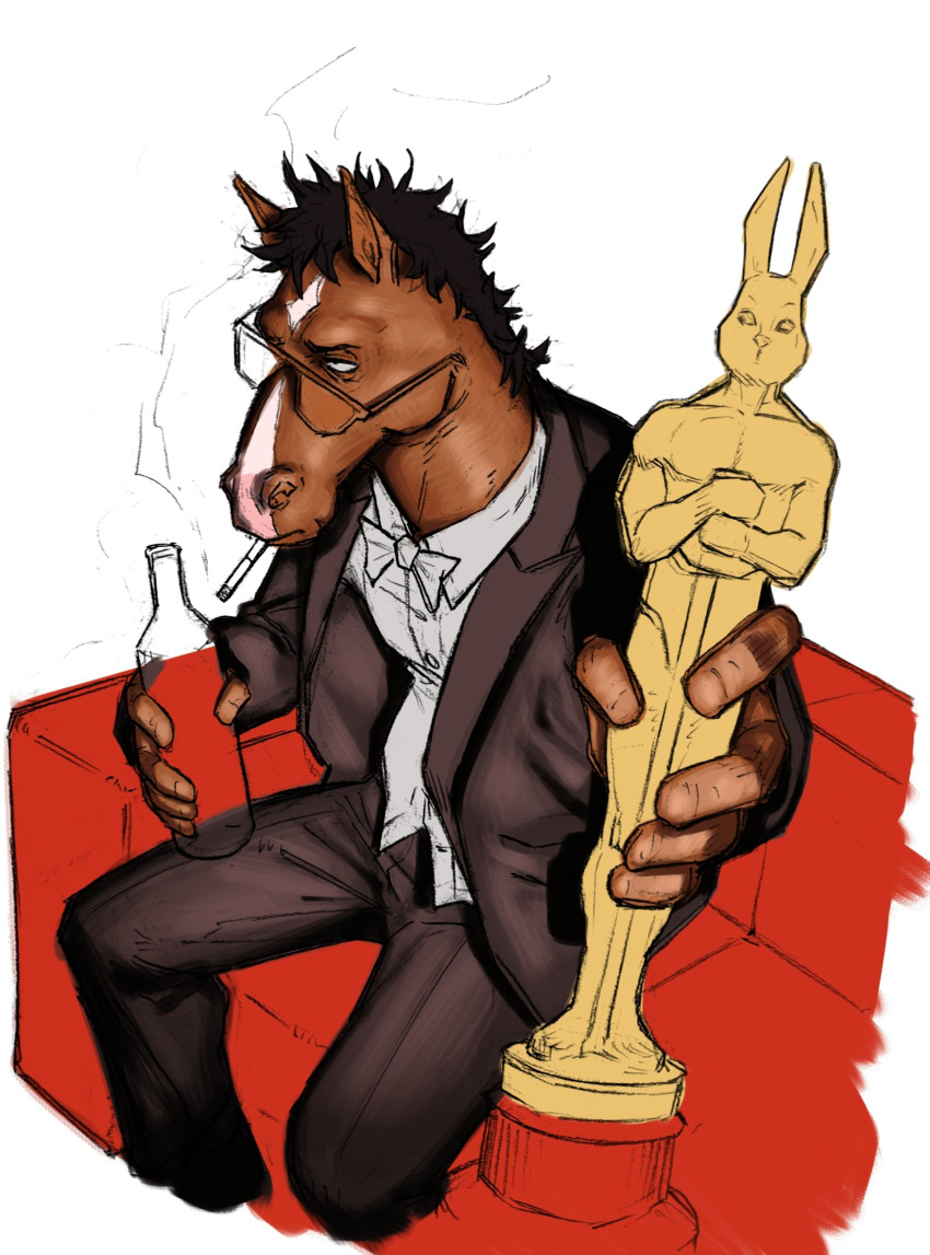 1boy black_suit bojack_horseman bojack_horseman_(series) bottle bow bowtie cigarette couch feet_out_of_frame glasses highres holding holding_bottle holding_statuette horse horse_boy l.r.silva male_focus oscar_statuette shirt sitting sketch smoking spanish_commentary statuette suit white_background white_bow white_bowtie white_shirt