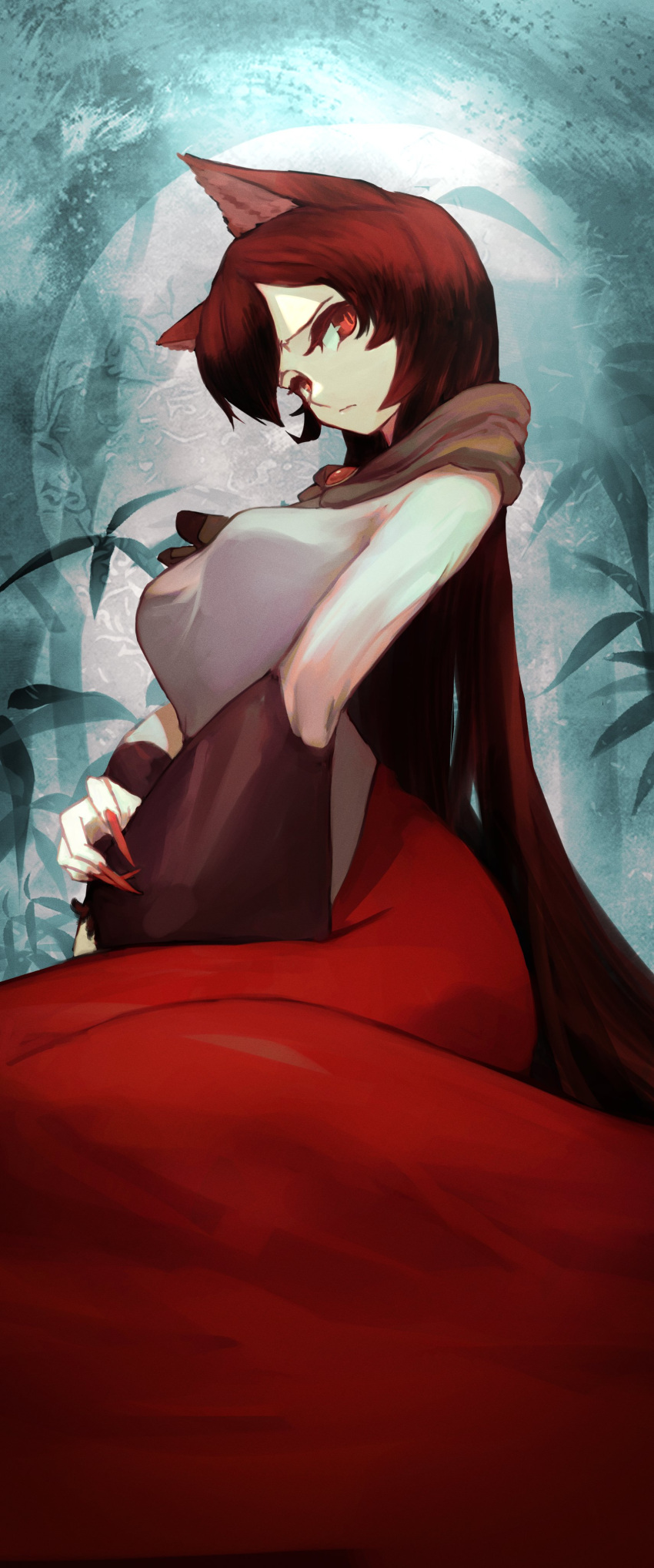 1girl absurdres animal_ears bamboo breasts brooch brown_hair fingernails full_moon highres imaizumi_kagerou jewelry long_hair looking_at_viewer mizuki_0630 moon red_eyes red_nails sharp_fingernails slit_pupils solo touhou two-tone_dress very_long_hair wolf_ears wolf_girl