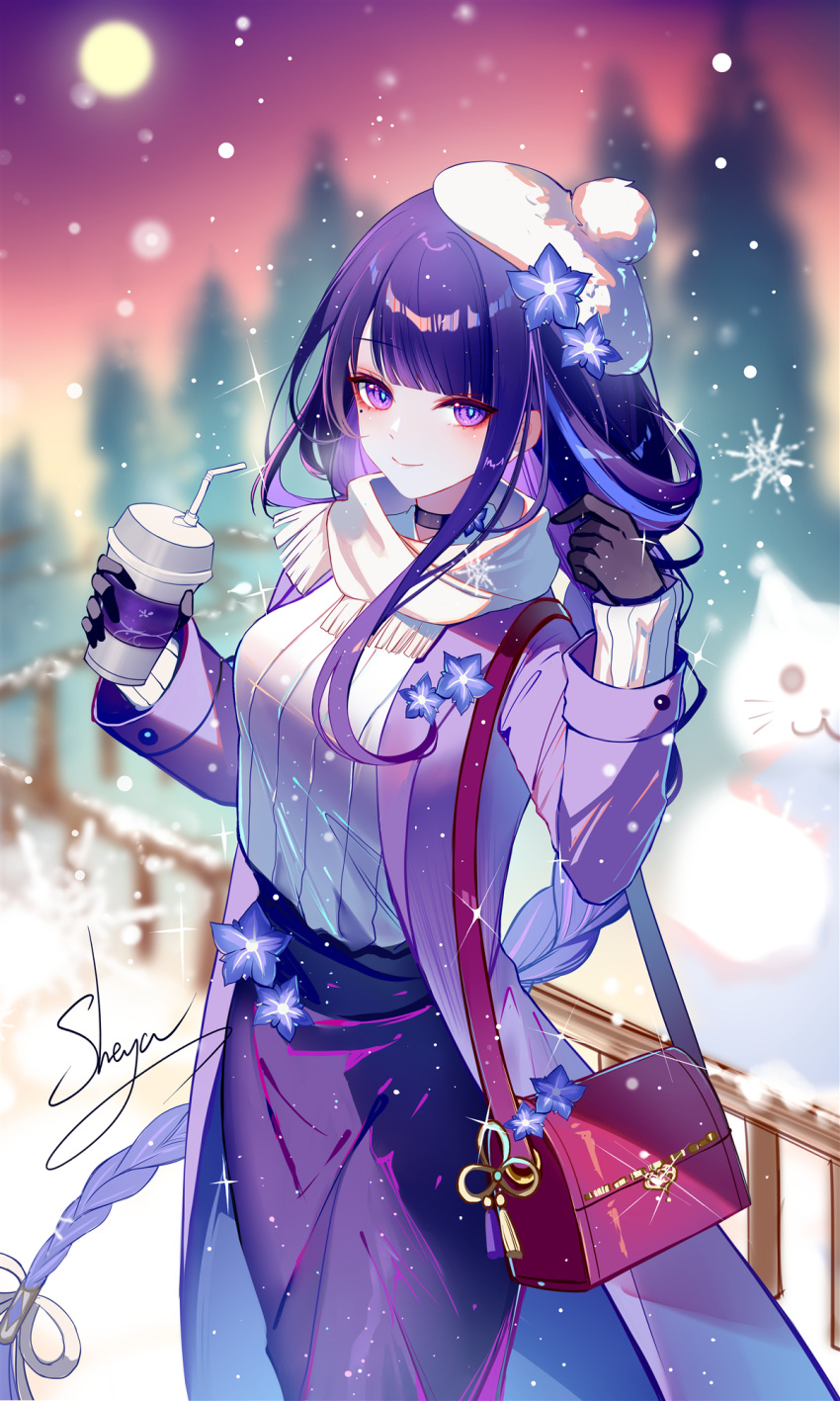 1girl alternate_costume bag black_choker black_gloves blurry blurry_background choker closed_mouth coat cup drinking_straw floating_hair genshin_impact gloves hands_up highres holding holding_cup looking_at_viewer mole mole_under_eye multicolored_hair open_clothes open_coat outdoors purple_coat purple_eyes purple_hair raiden_shogun red_bag scarf sheya shoulder_bag signature smile solo sparkle sweater two-tone_hair white_headwear white_scarf white_sweater winter_clothes