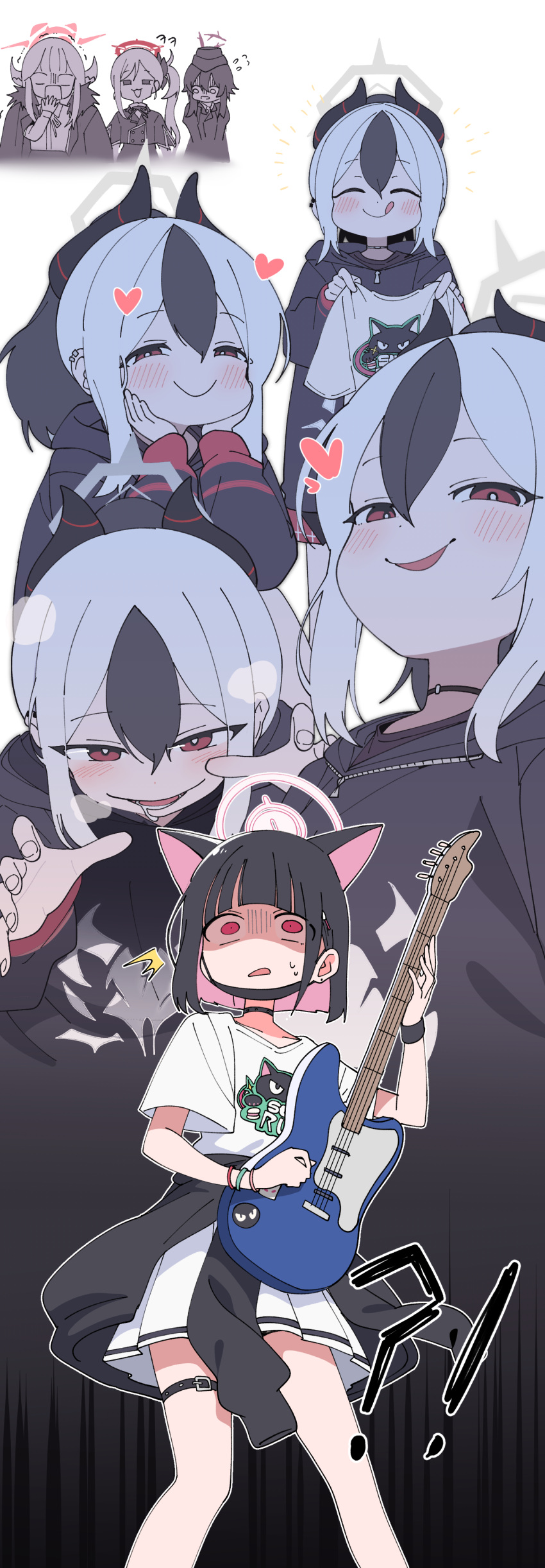 5girls absurdres animal_ears aru_(blue_archive) black_hair black_horns black_jacket blue_archive blush cat_ears closed_eyes closed_mouth colored_inner_hair demon_horns electric_guitar extra_ears grey_hair grey_halo guitar hair_between_eyes half-closed_eyes halo haruka_(blue_archive) heart highres holding holding_instrument hood hood_down hooded_jacket horns instrument jacket kayoko_(blue_archive) kazusa_(blue_archive) long_hair long_sleeves luke_(dydansgur) multicolored_hair multiple_girls multiple_views mutsuki_(blue_archive) official_alternate_costume open_mouth pink_hair pink_halo pleated_skirt ponytail problem_solver_68_(blue_archive) red_eyes shaded_face shirt short_hair short_sleeves skirt smile thigh_strap tongue tongue_out white_shirt white_skirt