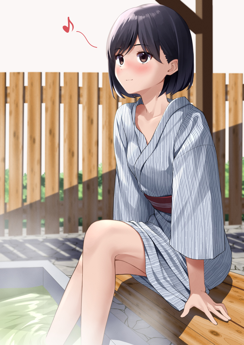 1girl absurdres black_hair bob_cut brown_eyes closed_mouth commentary_request crossed_legs fence highres japanese_clothes kimono kiona_(giraffe_kiona) onsen original shadow short_hair sitting smile soaking_feet solo steam wooden_fence