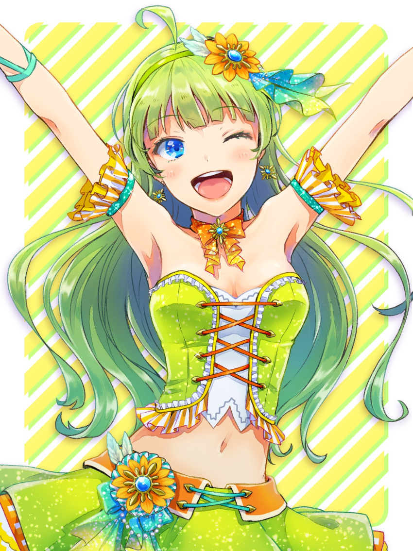 1girl ahoge aqua_ribbon arm_ribbon armpits arms_up bare_arms blue_bow blue_eyes blunt_bangs border bow bow_choker bowtie breasts choker cleavage commentary_request cowboy_shot cross-laced_clothes cross-laced_top detached_sleeves earrings eyelashes flower frilled_sleeves frilled_tube_top frills green_hair green_hairband green_skirt green_tube_top hair_flower hair_ornament hairband highres idol idolmaster idolmaster_million_live! jewelry layered_clothes layered_tube_top light_blush long_hair looking_at_viewer medium_breasts midriff navel one_eye_closed open_mouth orange_bow orange_bowtie orange_choker orange_flower orange_sleeves outstretched_arms ribbon shimabara_elena skirt smile solo sparkle strapless striped_background teeth tube_top two-tone_sleeves vertical-striped_sleeves waist_bow wavy_hair white_border white_sleeves white_tube_top witoi_(roa) yellow_background