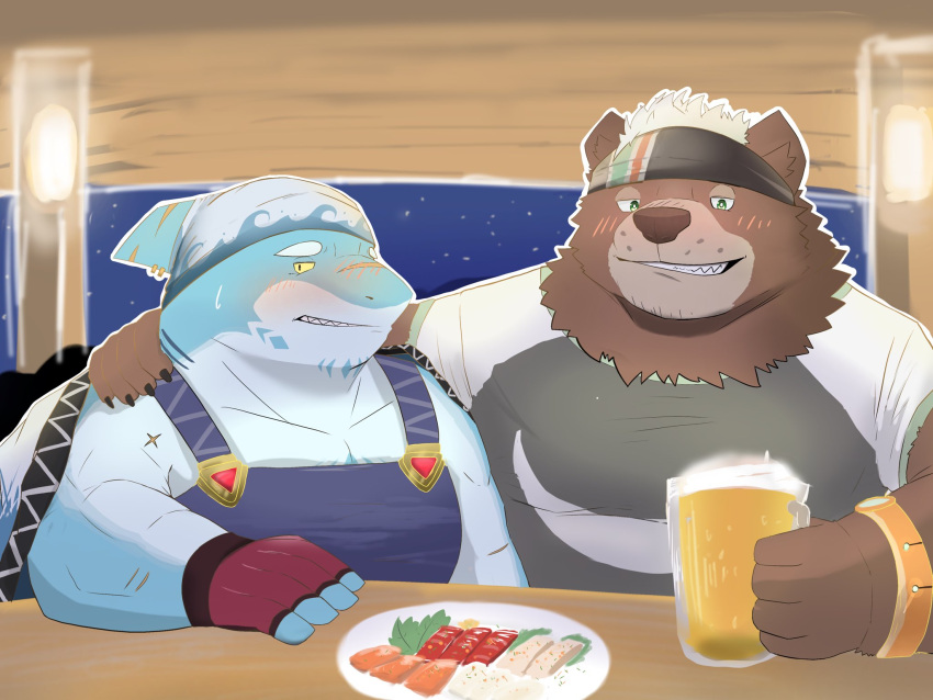 accessory alcohol anthro arm_around_shoulders bandanna bear beer beverage blue_body blush brown_body brown_fur dantou_creation drinking duo eating embarrassed fish food fur goro_(live_a_hero) headband hi_res isaribi kerchief lifewonders live_a_hero male male/male mammal marine scar shark sushi