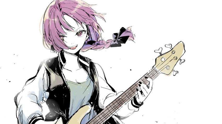 1girl bass_guitar black_bow black_jacket black_nails bocchi_the_rock! bow braid breasts cleavage commentary_request green_shirt hair_bow hiroi_kikuri instrument jacket long_hair looking_at_viewer meijin_kusano multicolored_clothes multicolored_jacket open_clothes open_jacket open_mouth playing_bass purple_eyes shirt simple_background single_braid smile solo two-tone_jacket upper_body white_background white_jacket