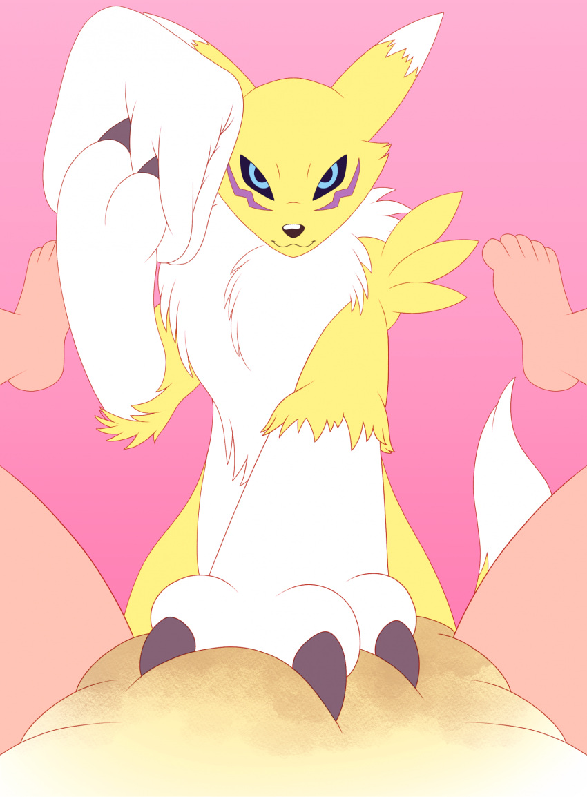 3_fingers ambiguous_gender anthro bandai_namco bodily_fluids chest_tudt claws clothing diaper diaper_change digimon digimon_(species) duo feces feet fingers first_person_view genital_fluids hi_res human looking_at_viewer lying mammal mathewmii messy_diaper on_back renamon smile soiling spread_legs spreading toes underwear urine wet_diaper wetting