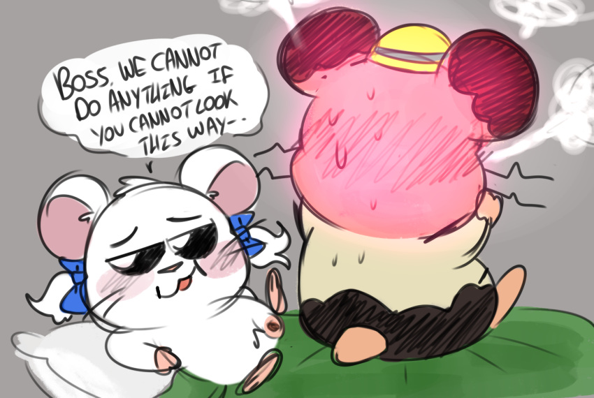 anthro bed bijou_(hamtaro) blush boss_(hamtaro) cricetid dialogue digital_media_(artwork) duo english_text female fur furniture genitals hamster hamtaro_(series) imminent_sex male male/female mammal nervous penguinfat pussy ribbons rodent shy speech_bubble spread_legs spreading tail text white_body white_fur