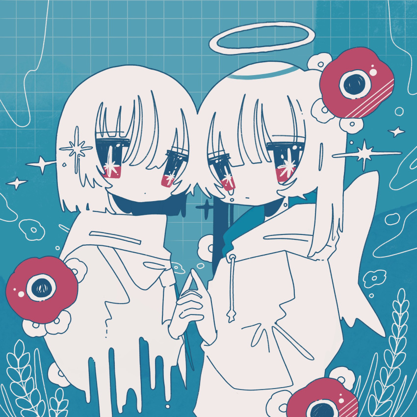 2girls anemone_(flower) angel angel_wings blue_background blue_theme blunt_bangs bob_cut closed_mouth expressionless flower hair_between_eyes highres holding_hands hood hoodie looking_at_viewer multiple_girls original short_hair sidelocks sparkle sskitaco tile_background twintails wings