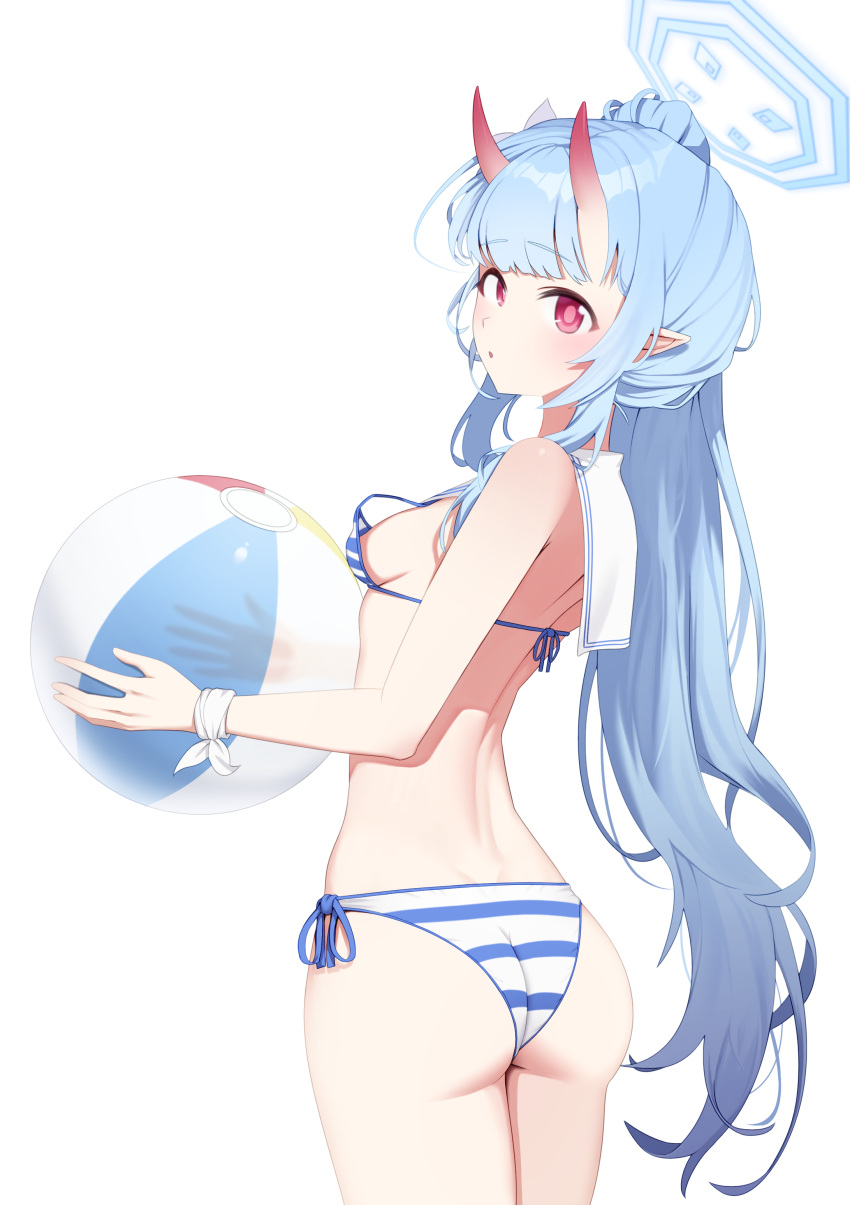 1girl absurdres ass back ball bare_arms bare_shoulders beachball bikini blue_archive blue_bikini blue_hair blue_halo blush breasts chise_(blue_archive) chise_(swimsuit)_(blue_archive) from_behind hair_ornament halo highres holding holding_ball horns long_hair looking_at_viewer looking_back loose_bikini official_alternate_costume red_eyes red_horns sailor_bikini sailor_collar side-tie_bikini_bottom side_ponytail simple_background small_breasts solo standing string_bikini striped_bikini striped_clothes swimsuit two-tone_bikini very_long_hair white_background white_sailor_collar yzr_(yzr99)