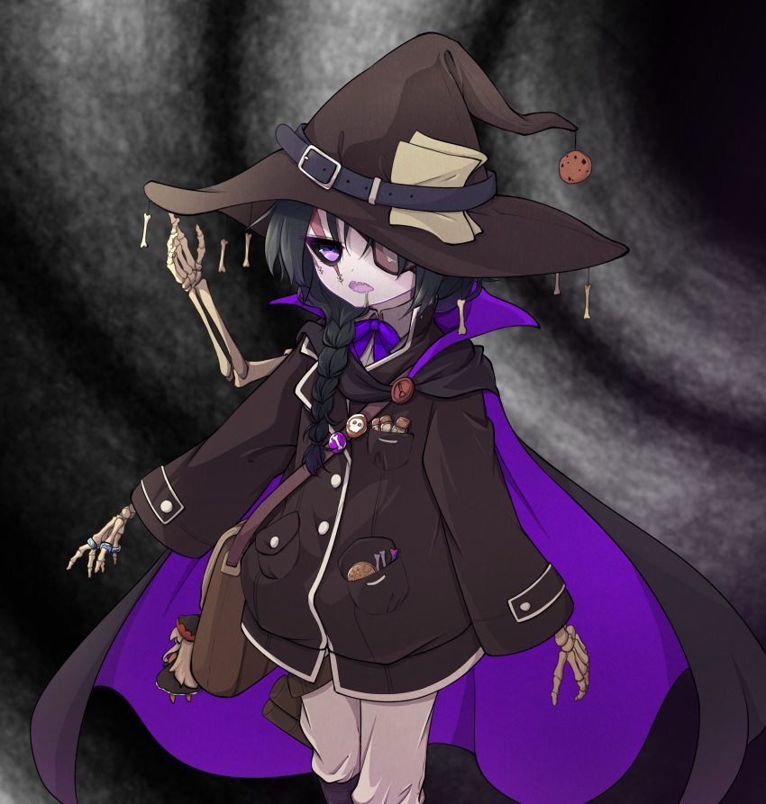 absurdres black_hair black_headwear black_jacket bone bow bowtie braid cartoon_bone colored_skin commission eyepatch grey_hair grey_skin hair_over_one_eye hat hazumi_otoya highres jacket long_sleeves monster_girl necromancer original pants pointy_ears puffy_long_sleeves puffy_sleeves purple_bow purple_bowtie single_braid skeb_commission skeletal_arm skeletal_hand stitched_face stitches undead valkrana white_pants witch_hat wizard