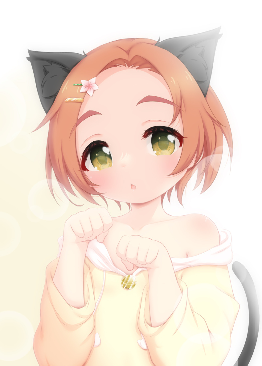1girl :o animal_ears bare_shoulders blush cat_ears cat_tail collarbone commentary_request flower forehead green_eyes hair_flower hair_ornament hairclip highres hood hoodie hosizora_mikoto idolmaster idolmaster_cinderella_girls looking_at_viewer off_shoulder open_mouth orange_hair paw_pose ryuzaki_kaoru short_hair solo tail upper_body yellow_hoodie