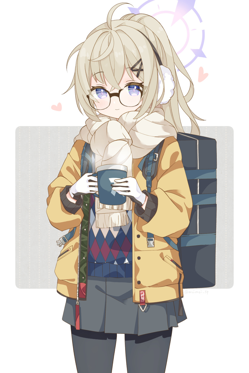 1girl absurdres backpack bag black_gloves black_pantyhose blue_archive commentary_request cowboy_shot crossed_bangs cup earmuffs glasses gloves grey_skirt hair_between_eyes hair_ornament hairclip halo heart highres holding holding_cup jacket kotama_(blue_archive) kotama_(camp)_(blue_archive) light_brown_hair long_sleeves looking_at_viewer miniskirt official_alternate_costume pantyhose pleated_skirt ponytail puffy_long_sleeves puffy_sleeves purple_eyes purple_halo saekiya_sabou scarf skirt solo sweater two-sided_gloves two-tone_gloves white_gloves white_scarf yellow_jacket