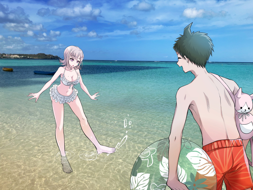 1boy 1girl :o absurdres ahoge animal_bag bag ball barefoot bikini breasts brown_hair cat_bag collarbone danganronpa_(series) danganronpa_2:_goodbye_despair facing_another frilled_bikini frills highres hinata_hajime holding holding_bag holding_ball large_breasts light_brown_hair looking_down male_swimwear medium_hair mole mole_on_breast murasaki_(deceive138) nanami_chiaki navel official_alternate_costume orange_male_swimwear outdoors photo_background pink_bag pink_eyes soaking_feet stomach swimsuit white_bikini