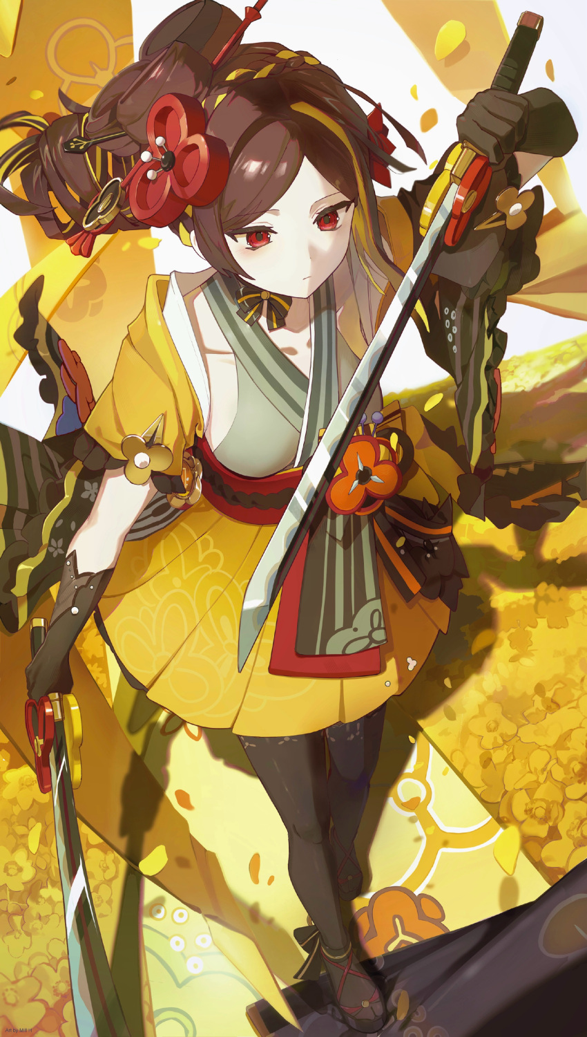 1girl absurdres black_footwear black_gloves black_pantyhose blonde_hair breasts brown_hair chiori_(genshin_impact) commentary dual_wielding flower frown full_body genshin_impact gloves green_shirt hair_flower hair_ornament highres holding holding_sword holding_weapon japanese_clothes kimono looking_down medium_breasts mirae multicolored_hair pantyhose red_eyes red_flower shirt side_ponytail simple_background solo streaked_hair streamers sword symbol-only_commentary vision_(genshin_impact) wavy_hair weapon white_background yellow_kimono yellow_theme