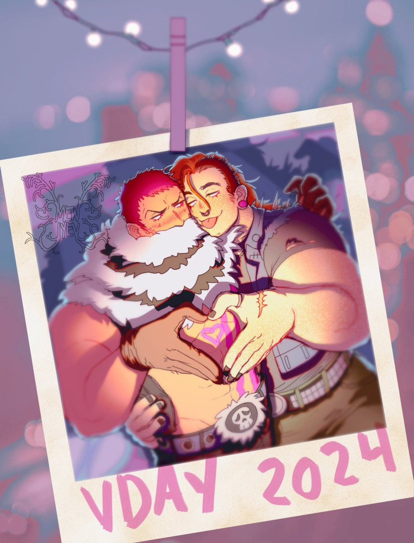 2024 2boys arm_tattoo bara black_nails blush charlotte_katakuri cheek-to-cheek couple cowboy_shot facial_hair goatee_stubble hand_on_another's_waist heads_together heart heart_hands heart_hands_duo highres long_hair male_focus maren_(mewtides) mature_male mewiyev multiple_boys muscular muscular_male one_piece open_clothes short_hair sideburns_stubble smile standing stomach stubble tattoo thick_arms thick_eyebrows tongue tongue_out upper_body valentine yaoi
