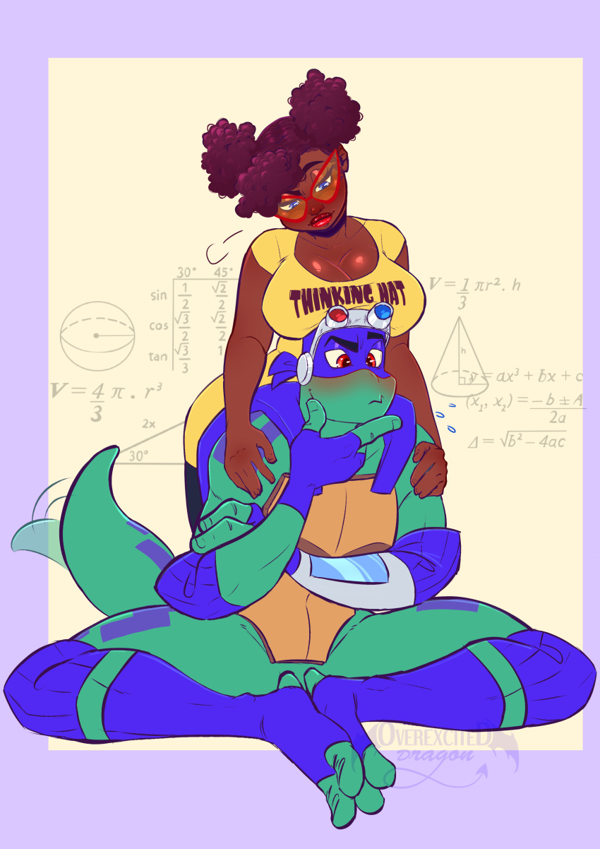 1boy 1girl absurdres afro alternate_breast_size alternate_skin_color april_o'neil blue_eyes blush breast_rest breasts breasts_on_head brown_hair butterfly_sitting cleavage clothes_writing colored_skin commentary curvy dark-skinned_female dark_skin detached_sleeves donatello_(tmnt) double_bun dress english_commentary fang fewer_digits fingerless_gloves full_body furry furry_male furry_with_non-furry glasses gloves goggles goggles_on_head green_skin hair_bun hand_on_own_chin head_tilt highres indian_style interspecies knee_pads large_breasts lipstick looking_at_another makeup math no_penis overexciteddragon purple_bandana purple_gloves purple_socks red-framed_eyewear red_eyes red_lips rise_of_the_teenage_mutant_ninja_turtles sitting skin_fang socks stroking_own_chin tail tail_wagging teenage_mutant_ninja_turtles thick_eyebrows thinking toeless_legwear turtle_shell very_dark_skin watermark yellow_dress