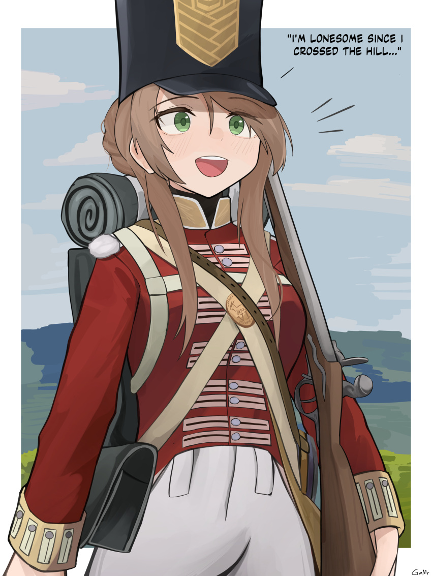 1girl absurdres ammunition_pouch artist_name backpack bag black_headwear blue_sky blush bolt_action border brown_hair clear_sky cloud cloudy_sky coat collared_coat commentary cowboy_shot criss-cross_straps day england english_commentary english_text gamryous girls'_frontline green_eyes gun hair_between_eyes hair_knot hair_over_shoulder hat highres hill holding holding_gun holding_weapon lee-enfield lee-enfield_(girls'_frontline) long_hair military_uniform open_mouth outdoors outside_border pants pouch red_coat rifle shako_cap shoulder_pouch sidelocks signature sky sleeping_bag smile solo strap teeth text_background uniform united_kingdom upper_teeth_only weapon white_border white_pants