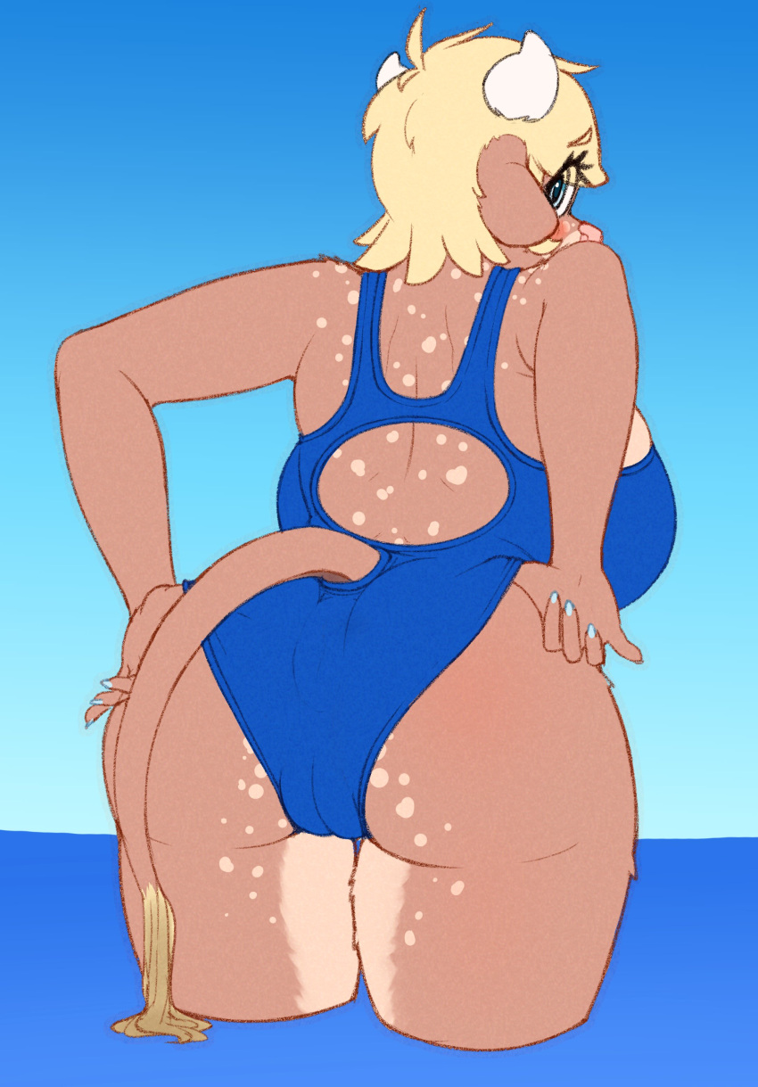 &lt;3 5_fingers absurd_res adjusting_swimsuit anthro anus_outline backless_clothing backless_swimsuit big_breasts blue_eyes blue_nails bovid bovine breasts camel_toe cattle clothed clothing clothing_pull colored_nails digital_media_(artwork) doodle_dip female fingers fur hair heart_(marking) hi_res huge_breasts legs_in_water looking_at_viewer looking_back mammal markings momo_(doodle_dip) nails one-piece_swimsuit outside partially_submerged pink_nose rear_view solo spots spotted_body spotted_fur standing standing_in_water submerged_legs swimwear tail tail_tuft thick_thighs tuft water wet_tail wide_hips