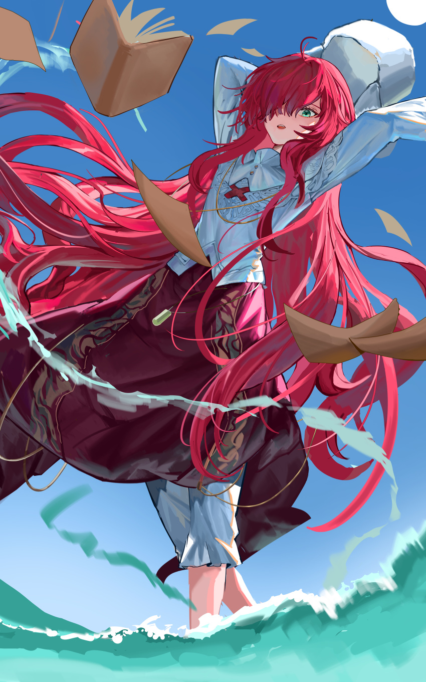 1girl absurdres book clear_sky flat_chest green_eyes hat highres long_hair looking_down one_eye_covered pages red_hair reverse:1999 russia sky user_zzgj5844 very_long_hair water yenisei_(reverse:1999)