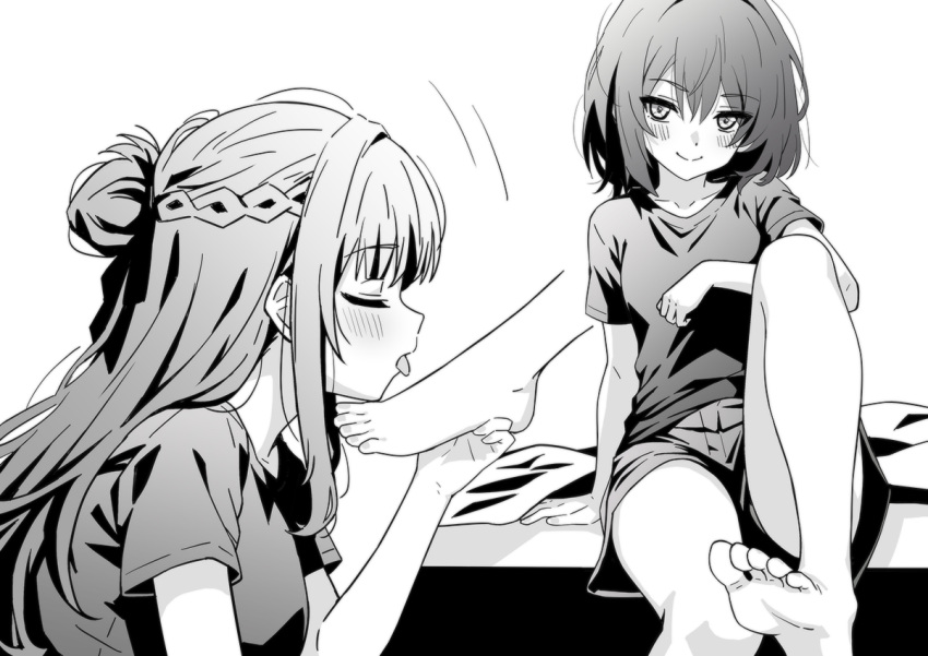 2girls braid closed_eyes commentary_request french_braid greyscale hair_bun licking licking_foot long_hair looking_at_another lwmina70119 medium_hair miyagi_shiori monochrome multiple_girls sendai_hazuki shirt short_sleeves shorts shuuniichido_classmate_wo_kau_hanashi sitting toes tongue tongue_out yuri