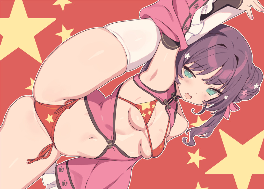 1girl aqua_eyes armpits bare_shoulders bikini blade_(galaxist) blush breasts hair_bun highres leg_up looking_at_viewer navel open_mouth original purple_hair small_breasts smile solo spread_legs standing star_(symbol) stomach swimsuit thighhighs twintails white_thighhighs