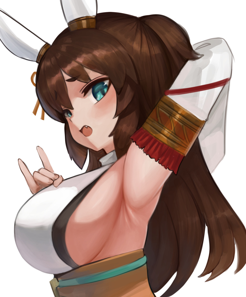 1girl animal_ears armpits blush breasts brown_hair commentary_request detached_sleeves dokomon ear_covers green_eyes grey_background hair_between_eyes highres horse_ears horse_girl inari_one_(fields_of_gold)_(umamusume) inari_one_(umamusume) large_breasts looking_at_viewer obi official_alternate_costume official_alternate_hairstyle presenting_armpit sash short_hair simple_background solo sweat two_side_up umamusume white_sleeves wide_sleeves